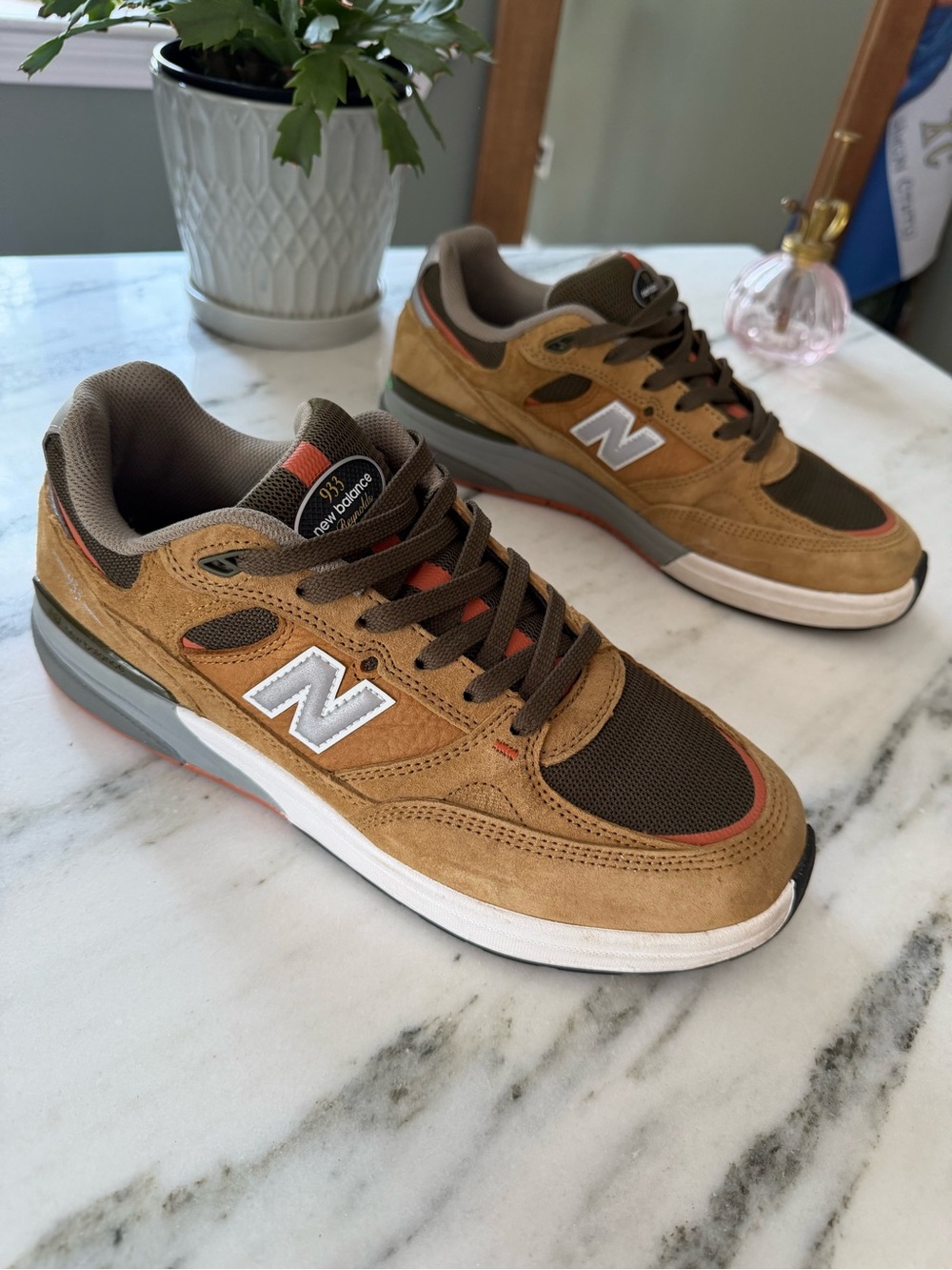New Balance Men’s Tan and Olive Suede Mesh Sneakers - Picture 1 of 3